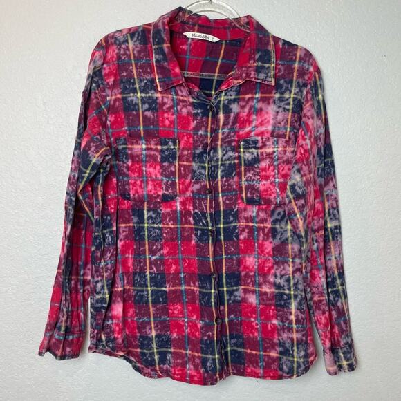 VANILLA STAR Red Plaid Bleached Button Down Shirt Size L - Picture 1 of 7
